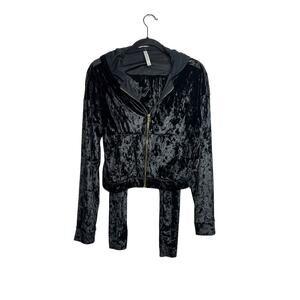 Fabletics Crushed Velour Zip Up Hoodie Leggings Jacket Bra Set Black Sweatsuit